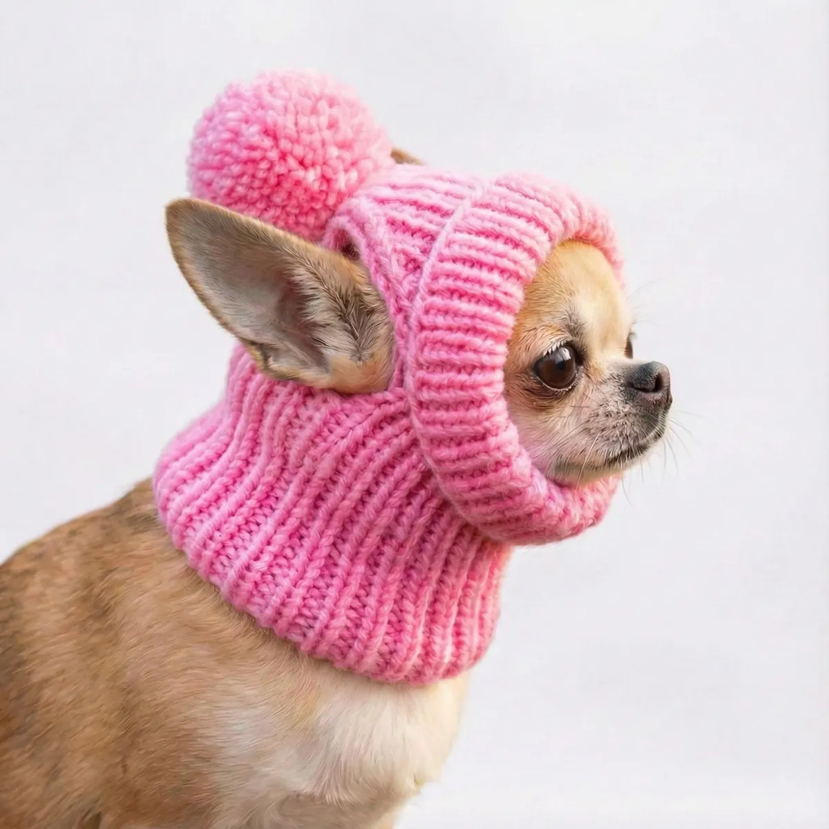 Chihuahua in a pink ribbed pom-pom beanie, seen in profile