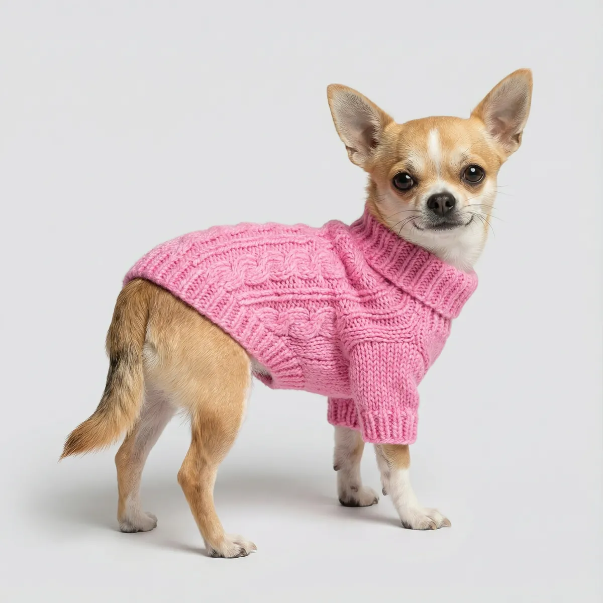 Chihuahua standing in a pink cable-knit turtleneck sweater
