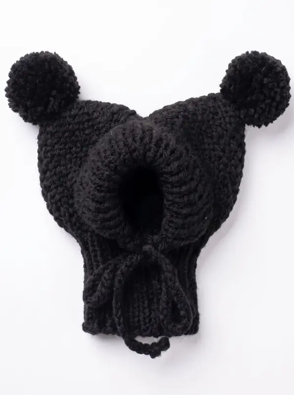 Black knitted dog hood with two pom-poms
