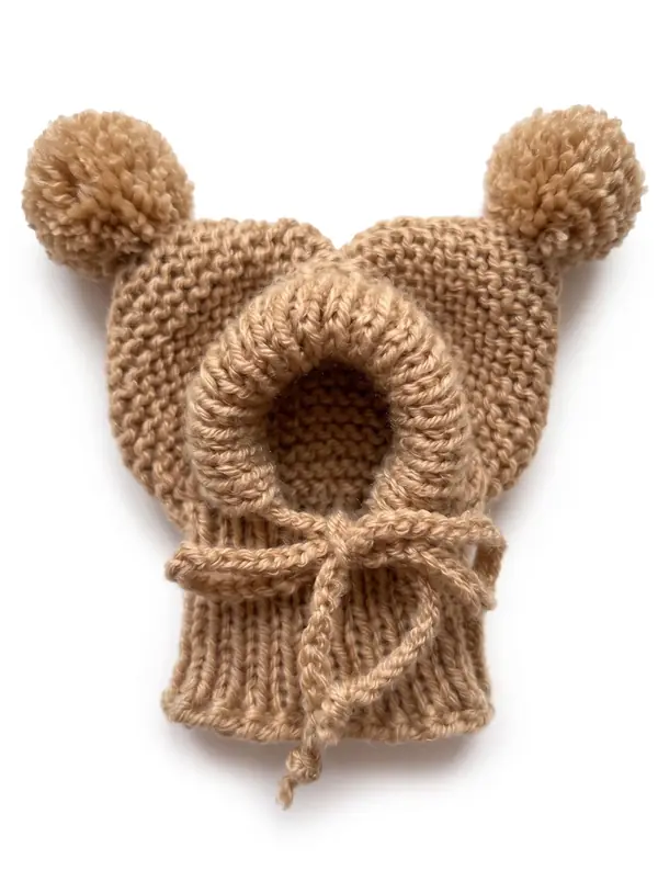 Camel knitted dog hood with two pom-poms
