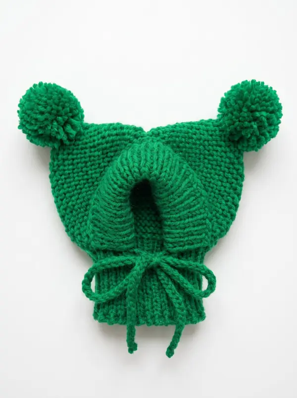 Green knitted dog hood with two pom-poms