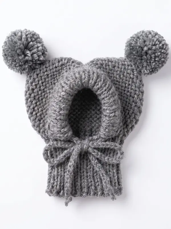 Gray knitted dog hood with two pom-poms