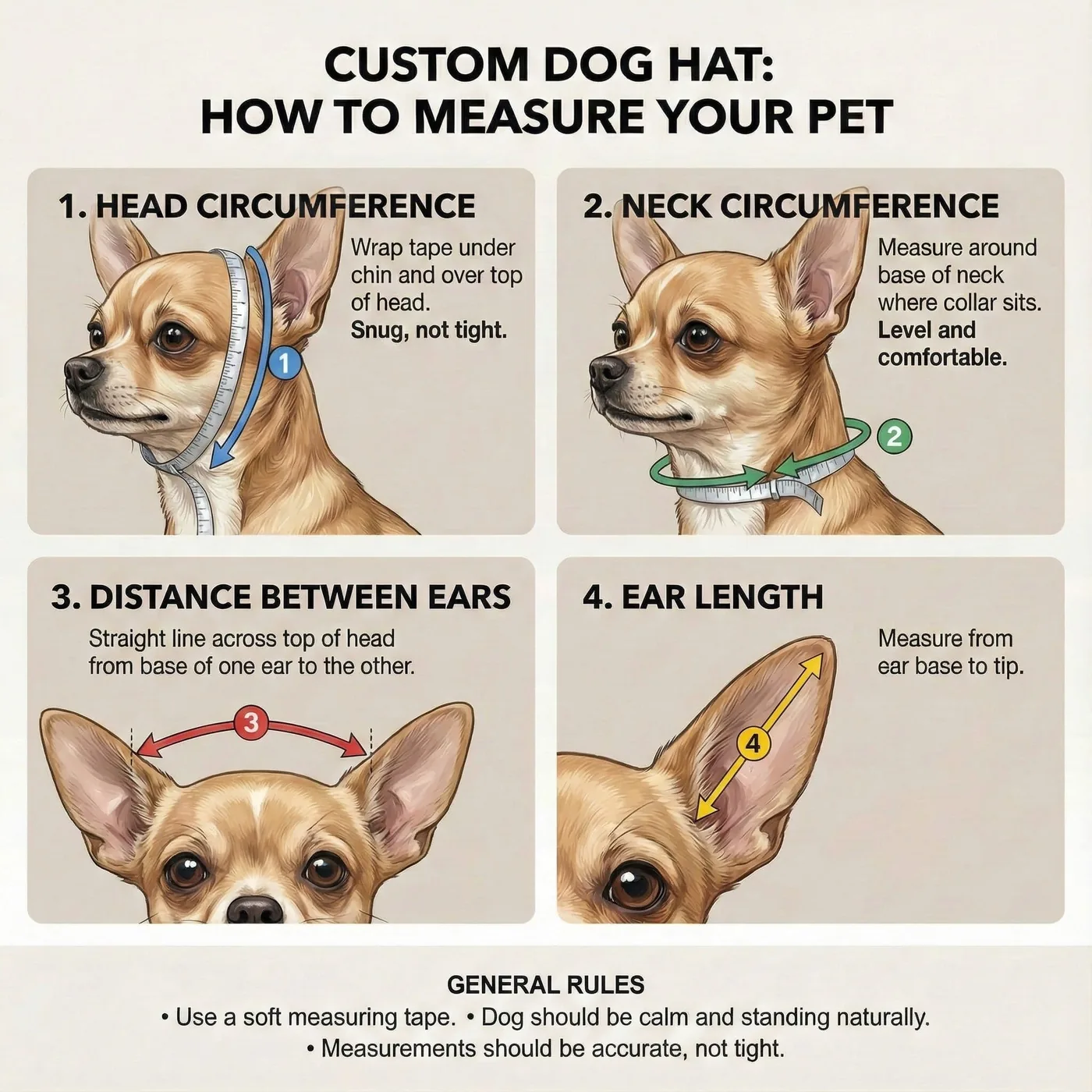Illustrated guide: how to measure a dog's head circumference, neck, distance between ears and ear length