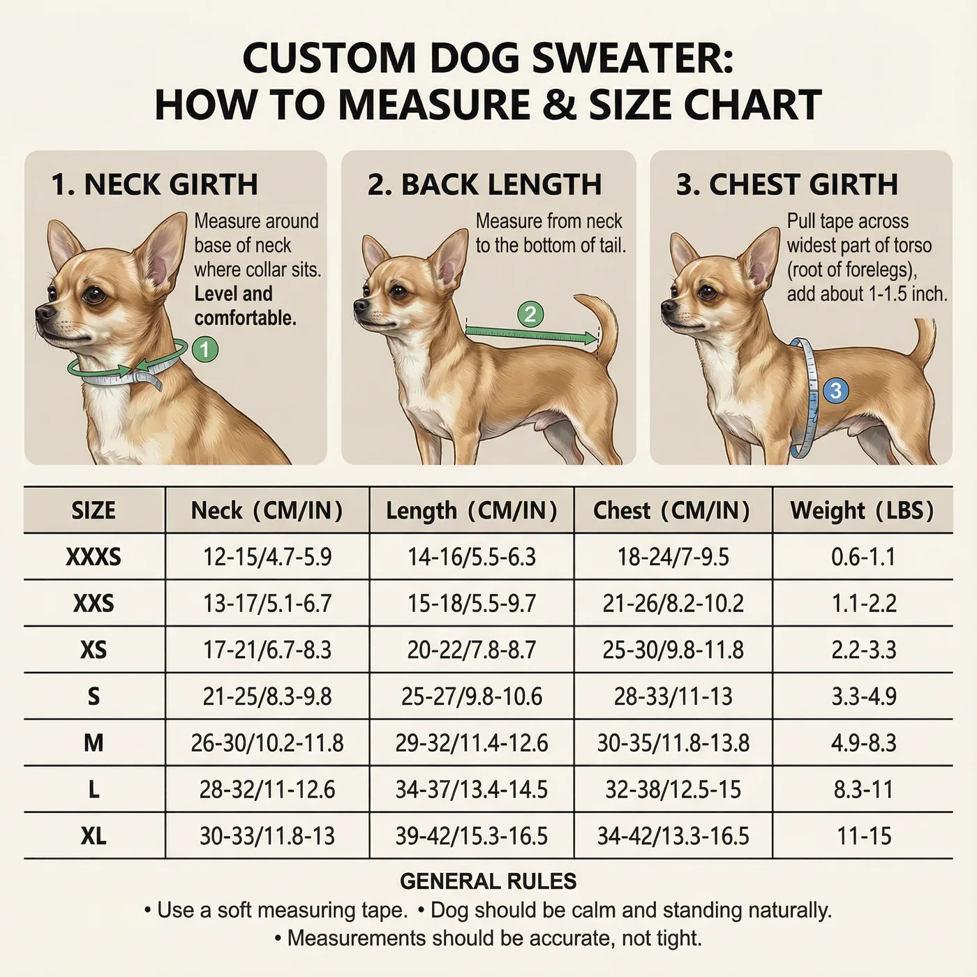 How to measure a dog's neck girth, back length and chest girth, with the Caperro size chart